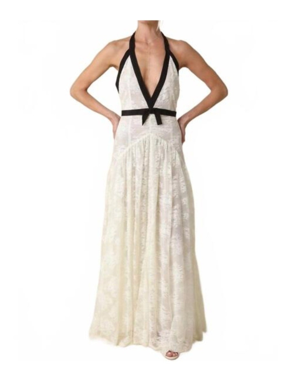 Anthropologie X Oliviaceous Lace Halter Maxi Dress with Black Trim L